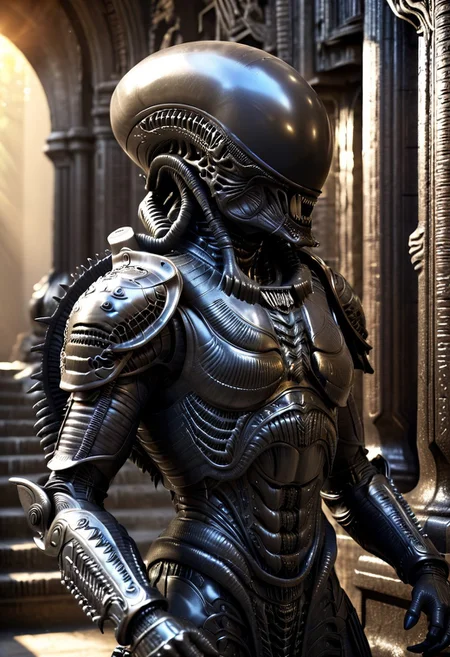 A xenomorph hunter, monster, Ornamental armor, armor, Ornamental chestplate with silver ancient alien runs, (fantasy scenery:1.3), intricate details, highly detailed, high resolution, HDR, realistic, dusty sunlight, ray_tracing, sun_flare, cinematic, perfect lighting, (vivid colors:1.3, color full:1.3), ultra detailed 8k cg, (best quality), (masterpiece:1.4), bokeh, depth of field, photorealistic, caustics, perfect shading,(hyperrealistic 3d render),art by hr giger,