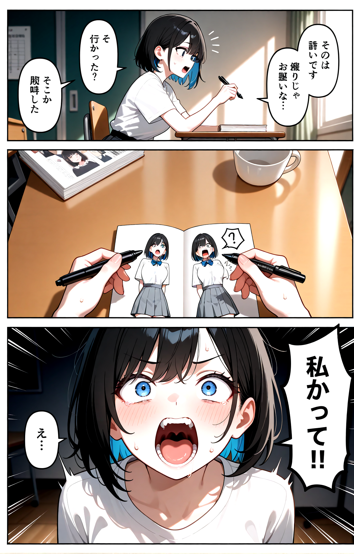 masterpiece, best quality, amazing quality, very aesthetic, absurdres,  newest,
1girl holding pen drawing sketching illust original character (comic manga:1.2)  magazine \(object\),  open mouth screaming looking at another,  
desk paper (comic, manga, speech bubble:1.2) motion lines, motion blur, 
{{best_quality}},{{amazing_quality,very_aesthetic}},
masterpiece, best quality, amazing quality, very aesthetic, absurdres,  newest, volumetric lighting, <lora:spo_sdxl_10ep_4k-data_lora_webui:1>