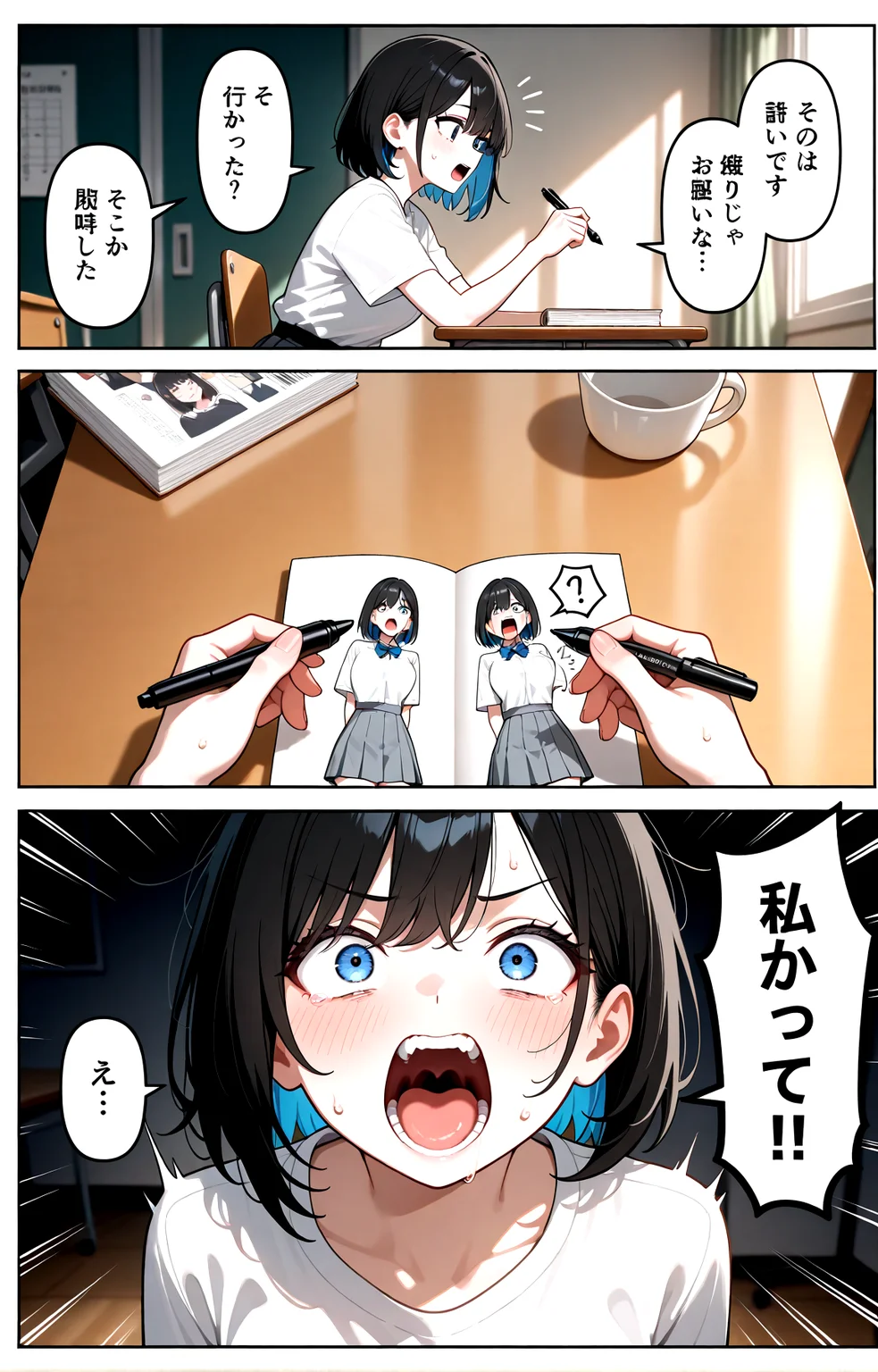 masterpiece, best quality, amazing quality, very aesthetic, absurdres, newest,
1girl holding pen drawing sketching illust original character (comic manga:1.2) magazine \(object\), open mouth screaming looking at another,
desk paper (comic, manga, speech bubble:1.2) motion lines, motion blur,
{{best_quality}},{{amazing_quality,very_aesthetic}},
masterpiece, best quality, amazing quality, very aesthetic, absurdres, newest, volumetric lighting, <lora:spo_sdxl_10ep_4k-data_lora_webui:1>