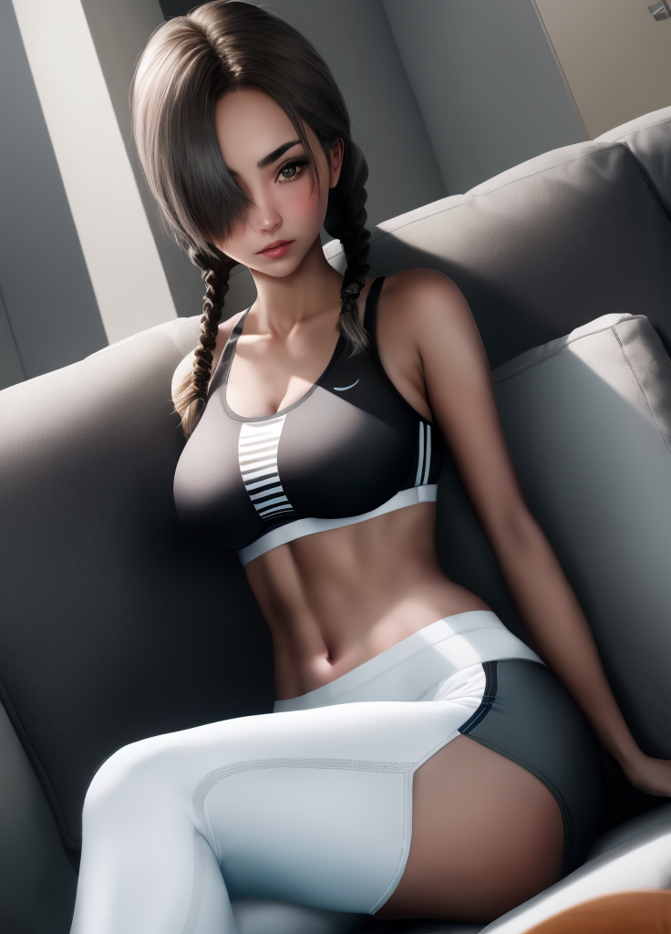 <lora:Etherium-dalia:0.8>, Etherium-dalia, 1girl, breasts, solo, dark grey hair, navel, medium breasts, hair over one eye, long hair, median furrow, twin braids, brown eyes, looking at viewer, blush, white sports bra, black pants, living room, sitting, couch
