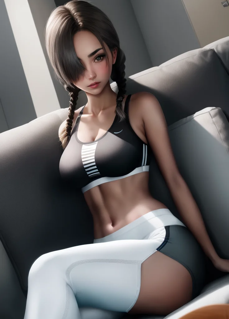 <lora:Etherium-dalia:0.8>, Etherium-dalia, 1girl, breasts, solo, dark grey hair, navel, medium breasts, hair over one eye, long hair, median furrow, twin braids, brown eyes, looking at viewer, blush, white sports bra, black pants, living room, sitting, couch
