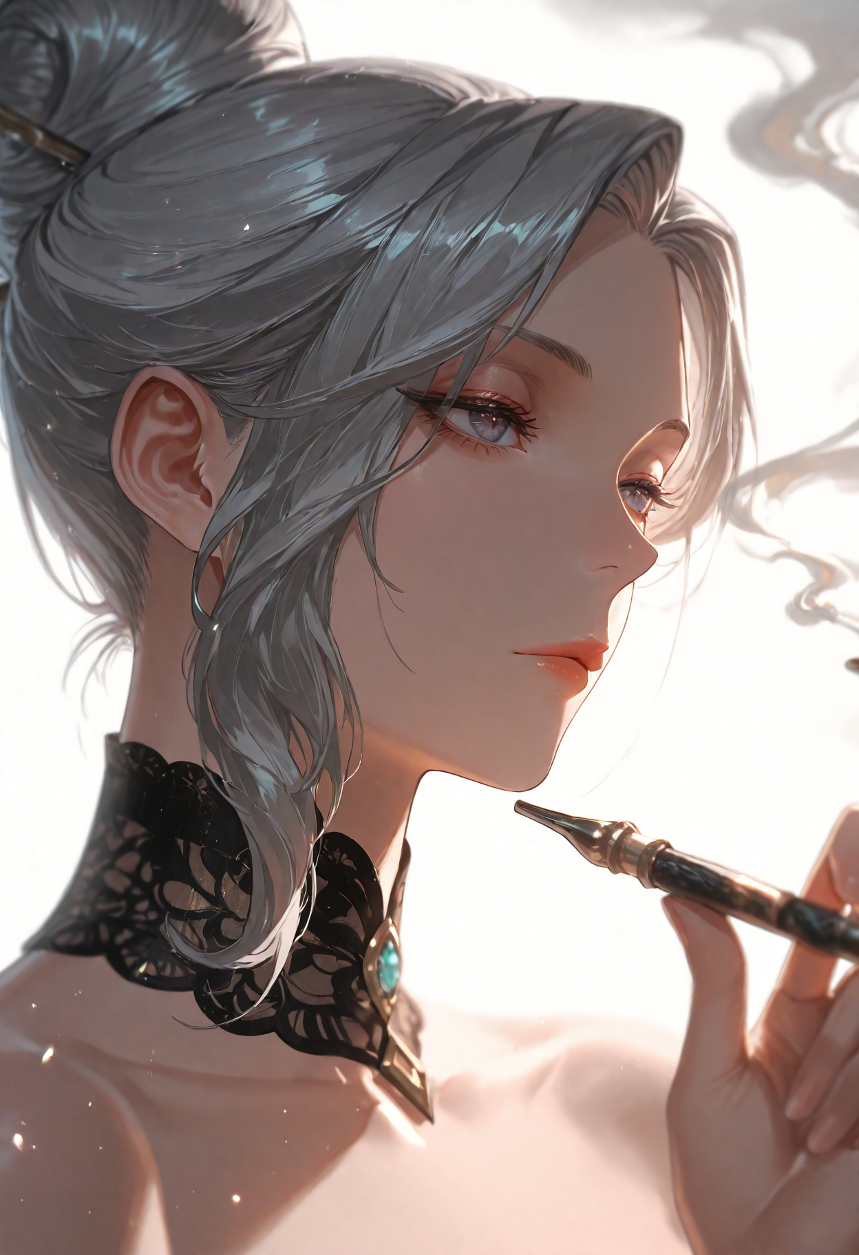 1girl, Aunt Xue, grey hair, border,expressionless,flower,hand up,holding,holding smoking pipe,hyur,kiseru,lace collar,portrait,smoke,smoking,smoking pipe,solo, white background,
(Smooth Quality - Illustrious:0.8), masterpiece,best quality,amazing quality, absurdres, (impressionism), ultra-HD, 8k, fit body, highest quality, volumetric lighting, (cinematic composition:1.3), (sharp focus:1.2), (depth of field:1.2), (adult), wide eyes, (mature female:1.2), very aesthetic, smooth image, action lines, motion lines, motion blur, (detailed face and eyes:1.3),
<lora:illustrious_quality_modifiers_masterpieces_v1:0.6>  <lora:ponyv4_noob1_2_adamW:0.4> <lora:FINALE:0.4>  <lora:I_Am_The_Fated_Villain:0.6> <lora:g0thicILL:0.4> <lora:USNR STYLE_XL_loha:0.3>