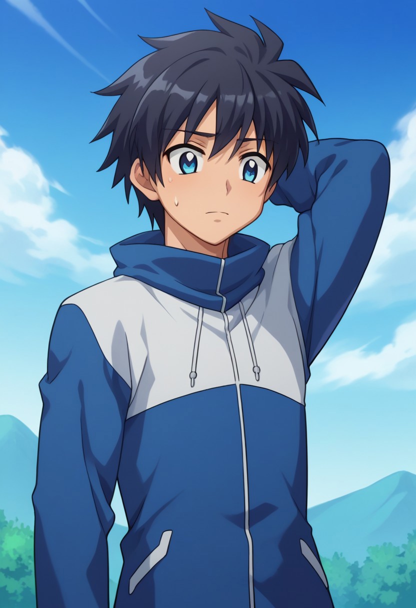 score_8_up, score_7_up, source_anime, highly detailed, 
saitohiraga, solo, 1boy, male focus, black hair, jacket, pants, upper body, standing, long sleeves, blue eyes, sweatdrop, embarassed, parody, hand behind head
outdoor, sky,