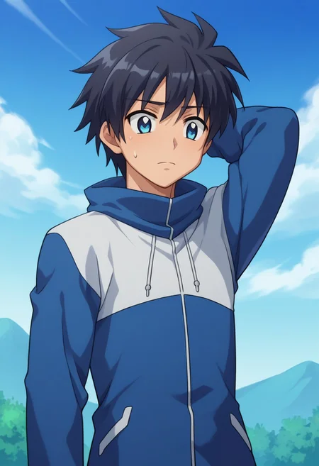 score_8_up, score_7_up, source_anime, highly detailed,
saitohiraga, solo, 1boy, male focus, black hair, jacket, pants, upper body, standing, long sleeves, blue eyes, sweatdrop, embarassed, parody, hand behind head
outdoor, sky,