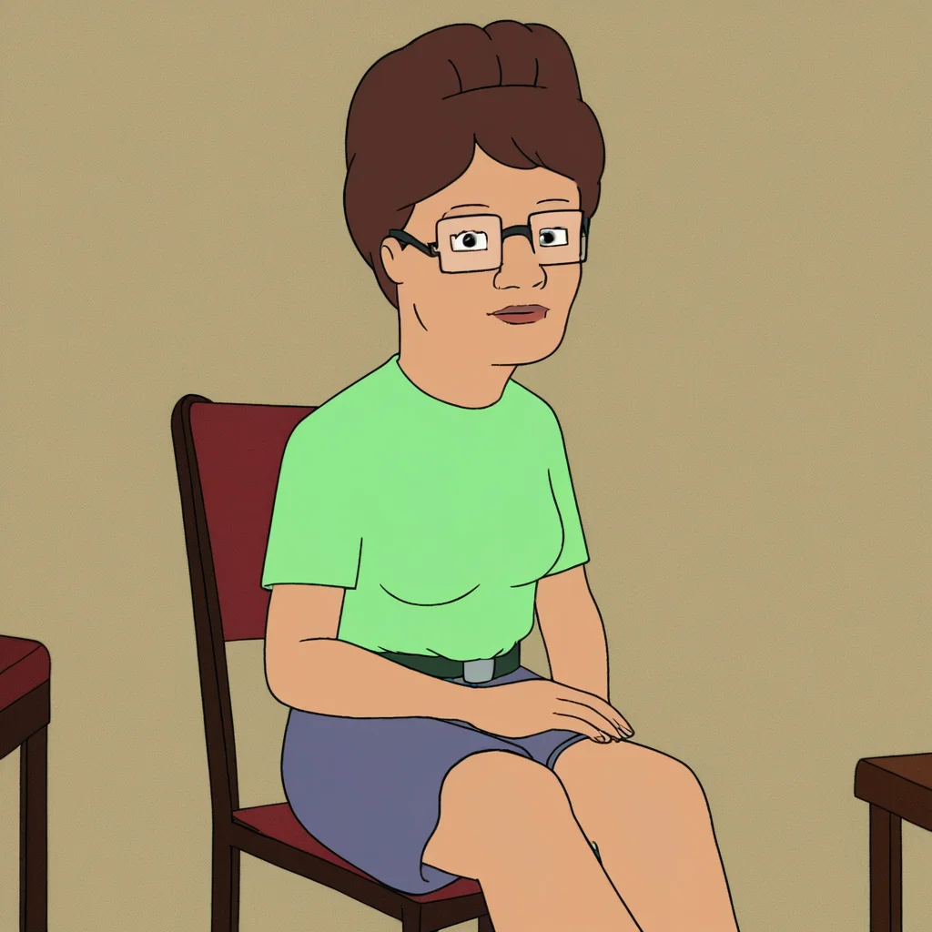 score_9, solo, peggy_h, brown hair, glasses, green shirt, shorts, sitting, looking at viewer, chair