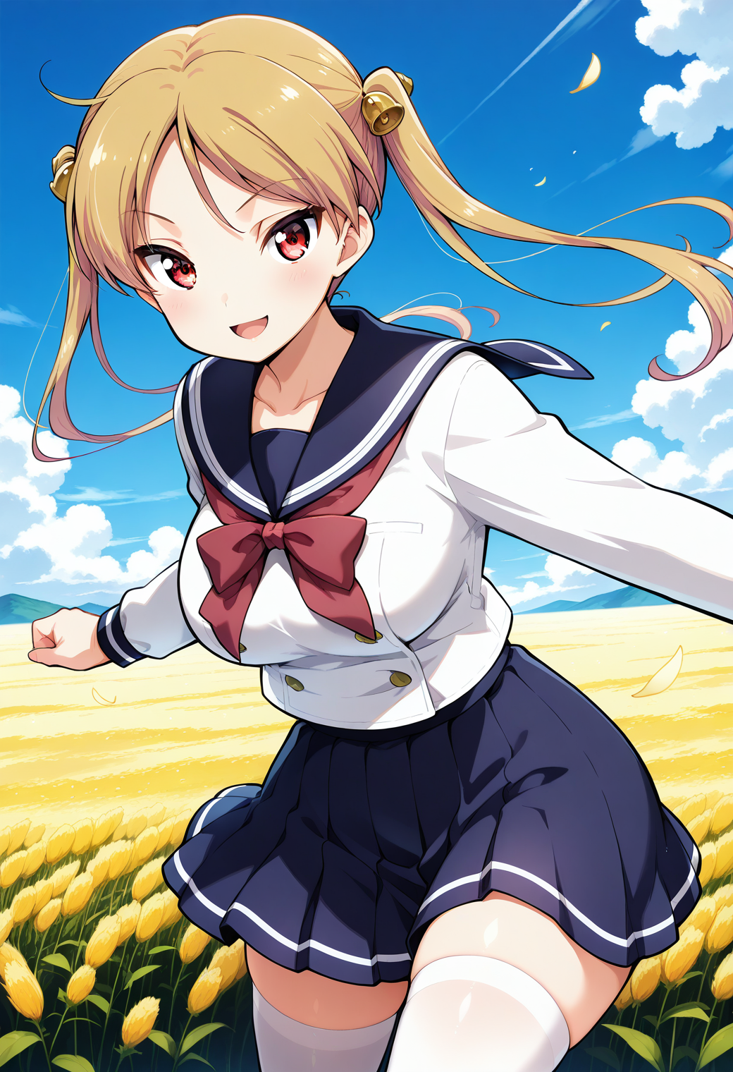 1girl, solo, (field:1.2), (blue sky:1.2), looking at viewer, smile, open mouth, 
suzunoki_rin, red eyes, blonde hair, twintails, hair bell, school uniform, serafuku, long sleeves, blue skirt, white thighhighs, zettai ryouiki, <lora:suzunoki_rin_illustrious_ver1:0.8>, masterpiece, best quality, general,, (cowboy shot, dynamic pose:1.4),