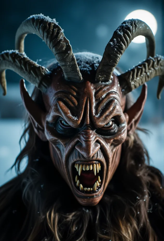 A close-up of a Krampus mask, showcasing intricate, frost-covered horns with soft ambient lighting to enhance the mystical atmosphere. The mask is adorned with ancient runes, creating a mythical and eerie look. The background features an icy, moonlit night, ensuring the mask remains the main focus, in sharp focus with crisp details.<lora:bv-krampus-v1.safetensors:1.0:1.0>