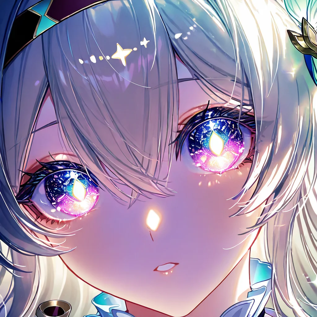 1girl,solo,bangs,eye focus,face,close-up,sparkle,looking at viewer,glowing,eyelashes,firefly \(honkai: star rail\),masterpiece, best quality, very aesthetic, absurdres, <lora:Jeweled eyes-NAI:1>
