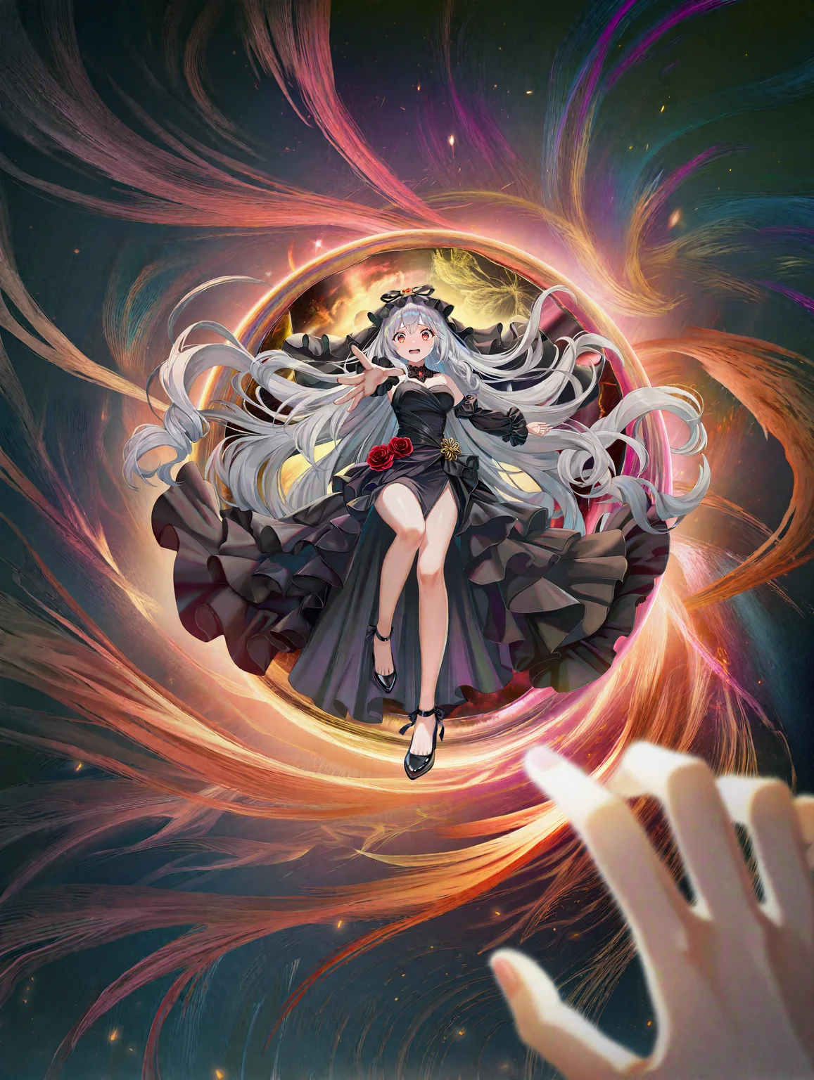 1girl, full body, black dress, high heels, falling, reaching towards viewer, absurdly long hair, abyss, scared, endless pit in background, from above,  on back, pov hand,
[achyue:0.4],[(momoko \momopoco\:0.8)::0.3], [torino aqua::0.5], kiniro tofu, [junpaku karen:0.5],[(leveen:0.7):0.6], sencha bashira, [takashia \(akimototakashia\):0.7],  (masaki nanaya:0.7),  nagi itsuki, [aoi sakura \(seak5545\):0.5],
masterpiece, best quality, very awa, absurdres, very aesthetic, high quality, newest, crisp, detailed skin texture,
<lora:NOOB_vp1_detailer_by_volnovik_v1:1>, <lora:ponyv6_noobV1_2_adamW:0.7>,   <lora:NOOBVP1_spirals_of_light_prod_v1:0.8>,