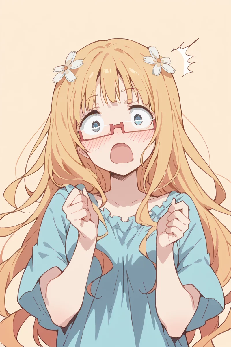 score_9, score_8_up, score_7_up, score_6_up,
 <lora:Mitsuki_Sonoda:1> mitsuki, 1girl, glasses, solo, open mouth, hair ornament, blush, blonde hair, long hair, wide open eyes, shocked, simple background,
