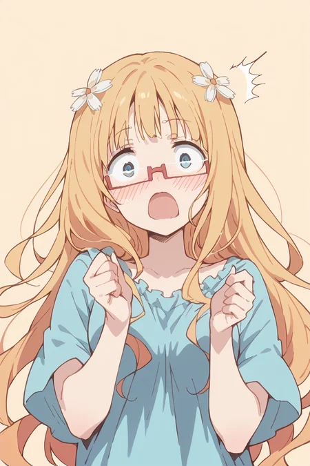 score_9, score_8_up, score_7_up, score_6_up,
<lora:Mitsuki_Sonoda:1> mitsuki, 1girl, glasses, solo, open mouth, hair ornament, blush, blonde hair, long hair, wide open eyes, shocked, simple background,