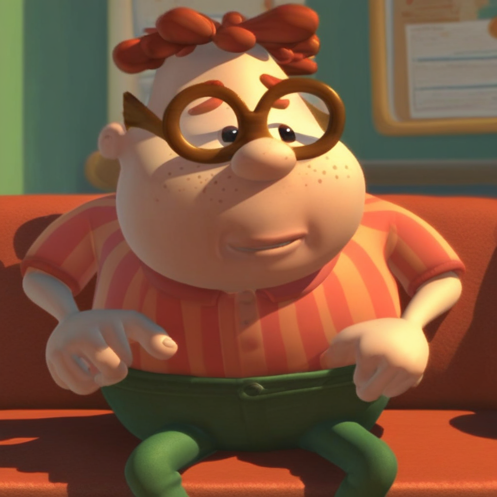 score_9, solo, carl_jn, glasses, freckles, striped shirt, pants, sitting, sofa