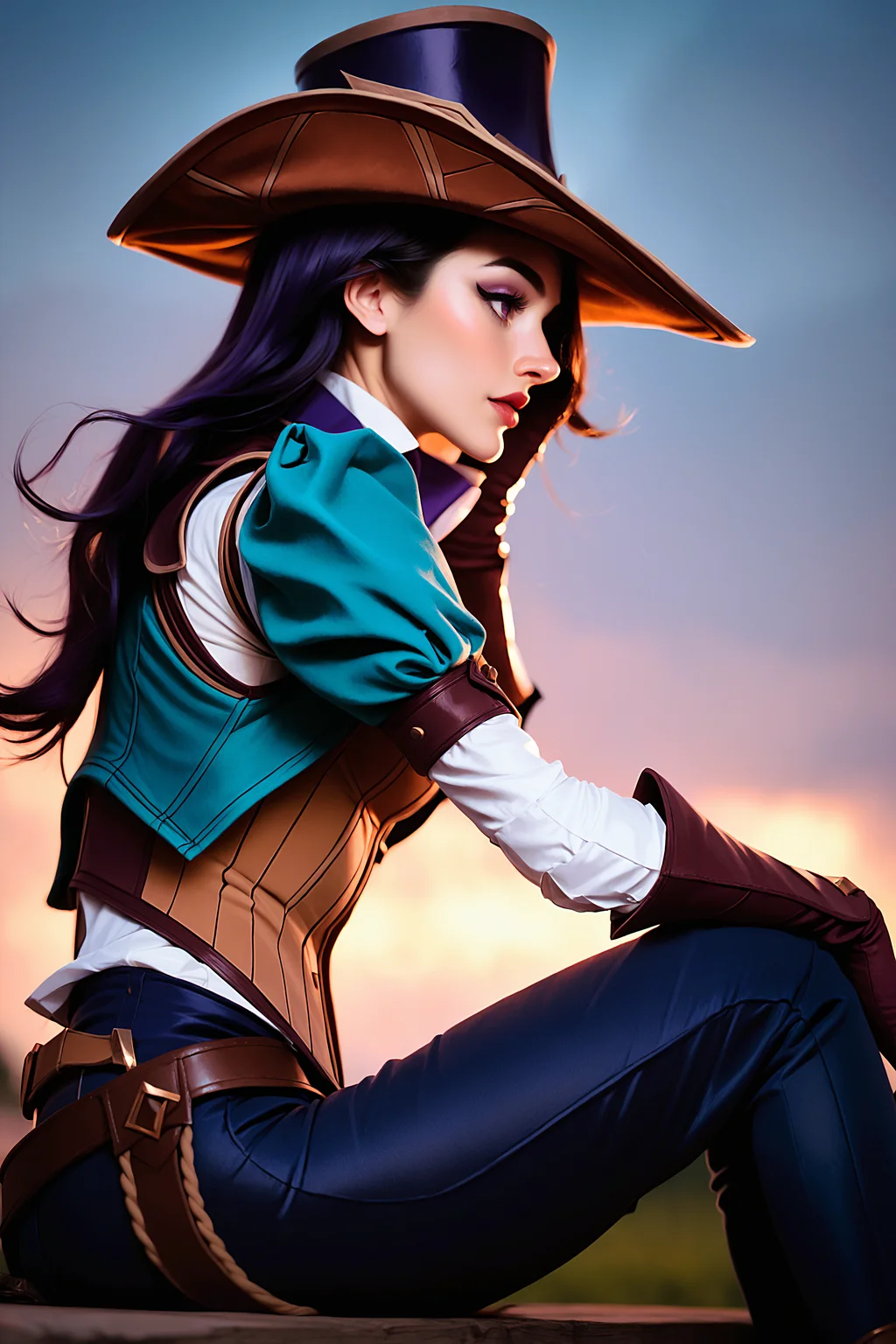 t34l_w1tch, score_9, score_8_up, score_7_up, 1girl, solo, Caitlyn from League of Legends, hat, from side, sitting, dusk, twilight, raw photo, <lora:tr1s5:1.0>