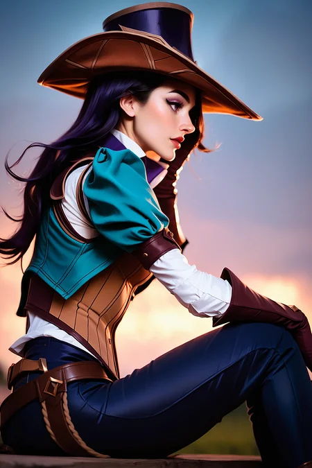 t34l_w1tch, score_9, score_8_up, score_7_up, 1girl, solo, Caitlyn from League of Legends, hat, from side, sitting, dusk, twilight, raw photo, <lora:tr1s5:1.0>