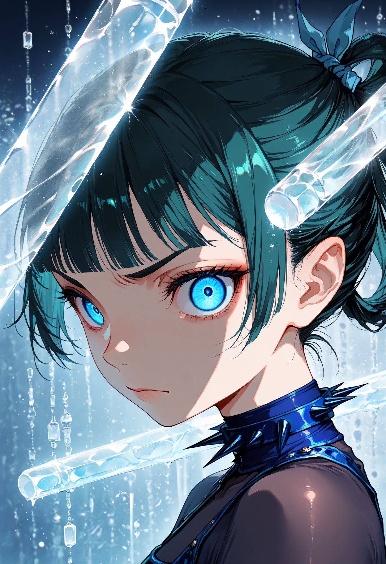 (zPDXL3), masterpiece, best quality, amazing quality, very aesthetic,
maomao \(kusuriya no hitorigoto\), 1girl, solo, portrait, close-up, from side, glaring, looking at viewer, crazy eyes,
glass columns, ice pillars, transparent cubes,
 <lora:daisyashnikko:1.2>, daisyashnikko, spiked collar, bodystocking, shiny outfit, belt, arm belt, blue outfit, hair rings, pointy ears
blue eyes, dark green hair, blunt bangs,
<lora:MaoMaoXL:0.8>,<lora:Body Type_alpha1.0_rank4_noxattn_last:1.2>