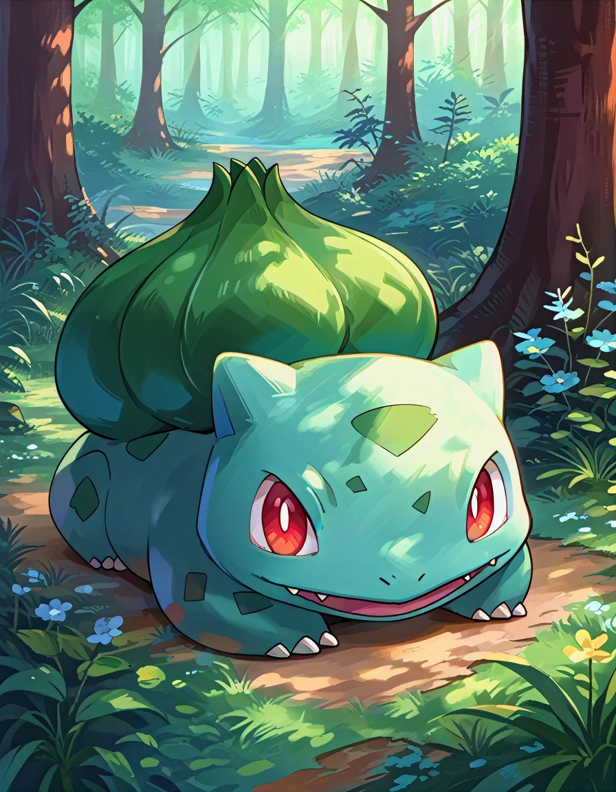 score_9, score_8_up, score_7_up, source_anime BREAK
Bu1b4s4ur, blue-green body, teal spots, claws, fangs, red eyes, white pupils, green plant bulb, pokemon \(creature\),
(looking at viewer:1.4), straight-on, lying, facing viewer
sideview, from side
background: forest, tall grass, tree stumps, wildflowers, bloom, bokeh
(solo:1.6)
<lora:Bulbasaur:1>