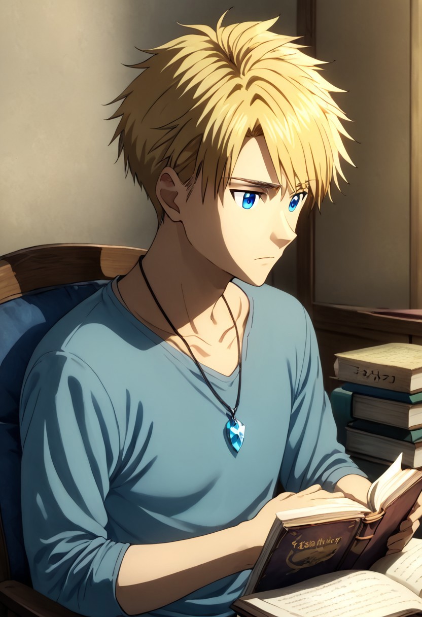 high resolution, solo, best quality, 1Boy, Yamato Ishida, Blonde Hair, Blue Eyes, Necklace, Reading book, cozy chair, absorbed, tranquil,