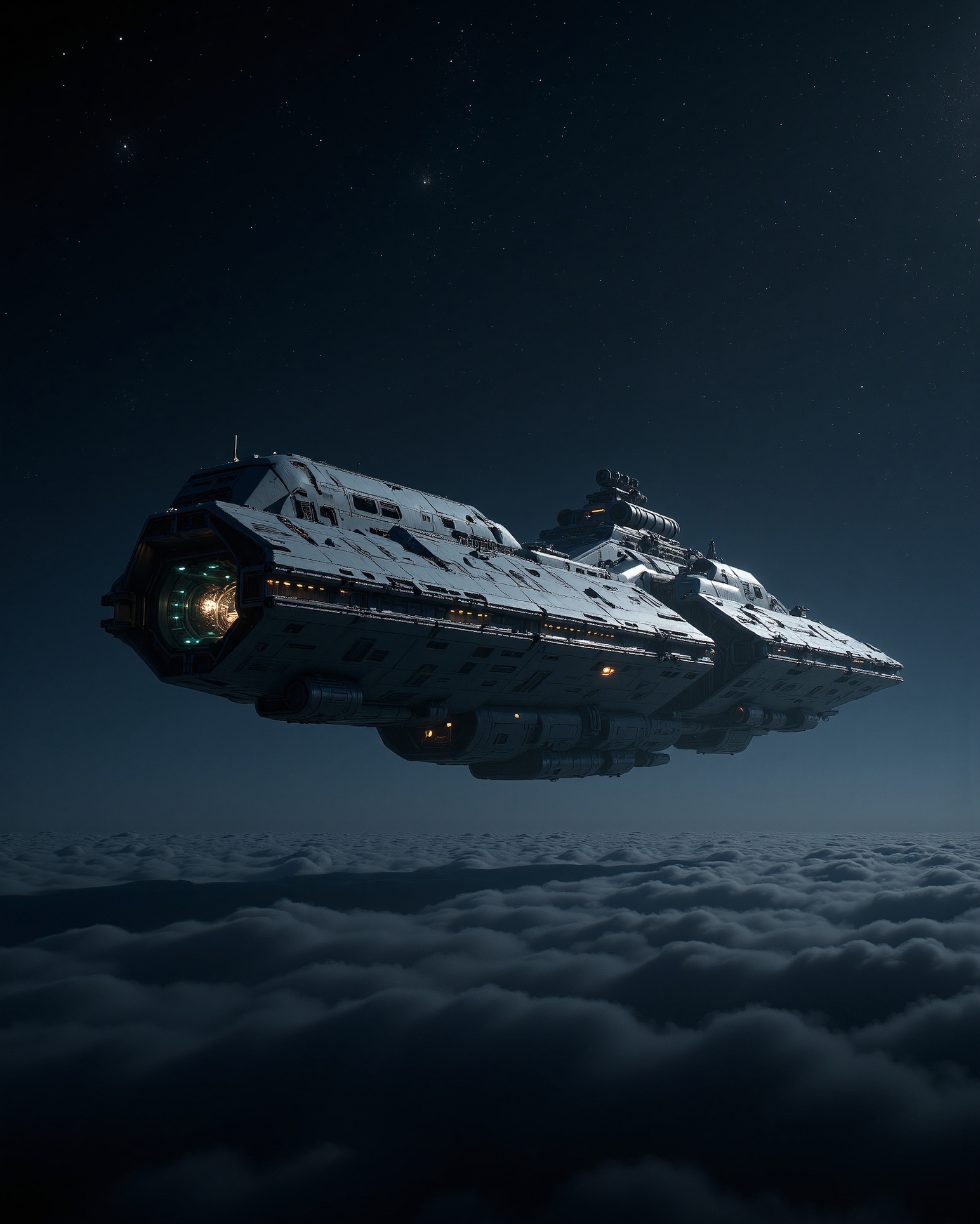 in the style of cksx, In the lonely, vast expanse far between stars, a solitary deep space exploration ship hangs suspended. Cold starlight glints off its durable, perhaps slightly weathered hull, designed for decades-long missions. Multiple sensor arrays passively scan the void. Only the dim glow from its bridge window and the faint hum of its fusion engines break the silence. Capture the feeling of immense isolation and the grandeur of exploration.
