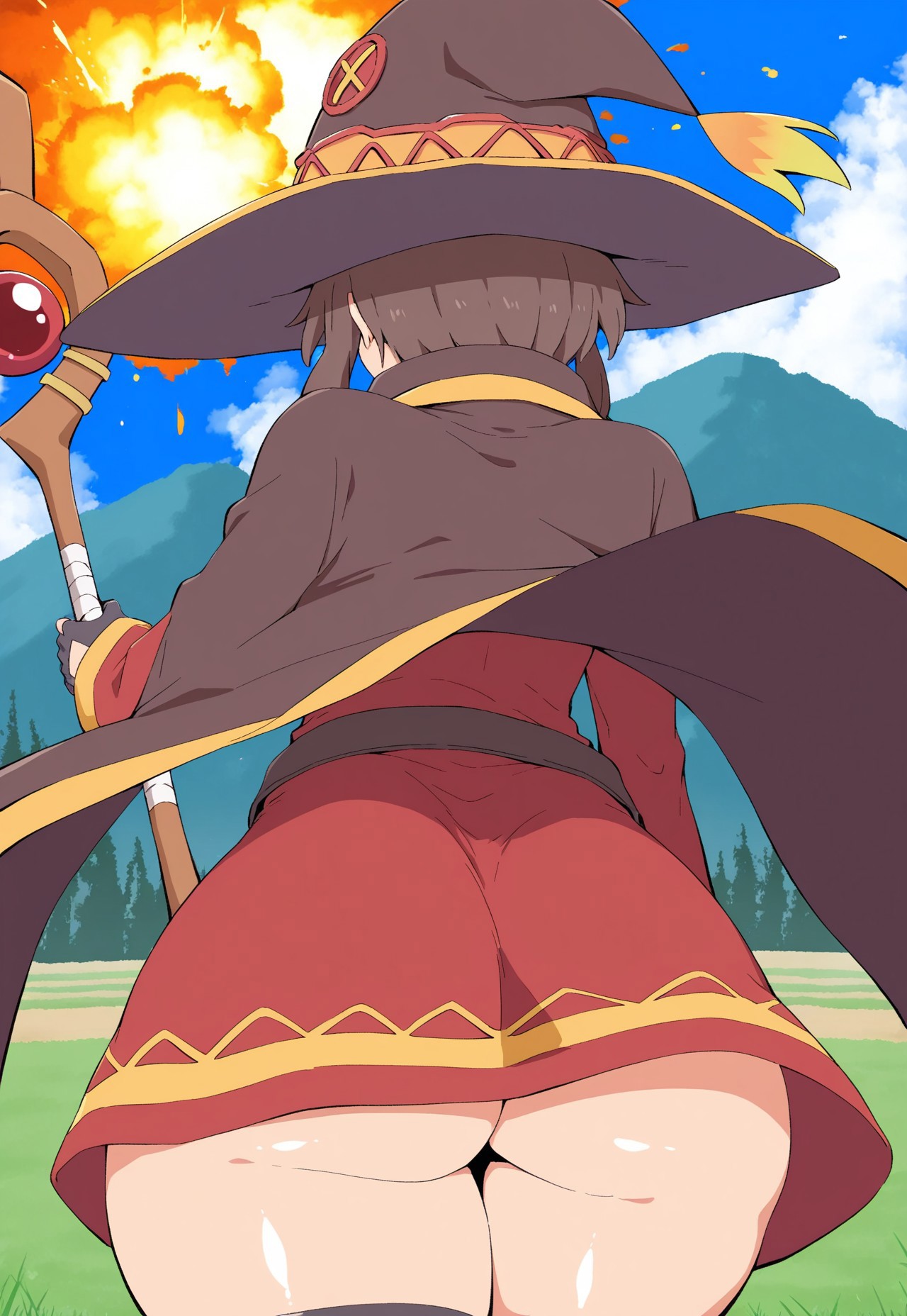 safe_pos, Masterpiece, 1girl, solo, Megumin (konosuba), (facing away:1.2), small breasts, (upskirt:1.1),  wide hips, thick thighs, (no panties). Megumin has one hand holding her wooden staff, her opposite hand holding her hat.  She is standing on a hill with a single tree behind with a wide field. Theres an after-moment of a big explosion with smoke, blue sky coming back. The pov is close to Megumin's upper-back.