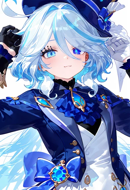 1girl, furina \(genshin impact\), genshin impact, ahoge, blue eyes, blush, closed mouth, collarbone, dress, drop-shaped pupils, eyelashes, hair between eyes, hair intakes, hands up, heterochromia, hood, hood up, long hair, looking at viewer, short sleeves, sidelocks, simple background, solo, symbol-shaped pupils, white background, white dress, white hair, light particles, blue hat, blue jacket, gem, black gloves, :3, blue hair, ascot, long sleeves, hat, gloves, jacket, top hat, multicolored hair, lapels, smile, hoodie, floating hair, asymmetrical gloves, white gloves, white hoodie, streaked hair, mismatched gloves, upper body, blue gemstone<lora:nyaliaXL_NB11_lokr_V531:0.95>