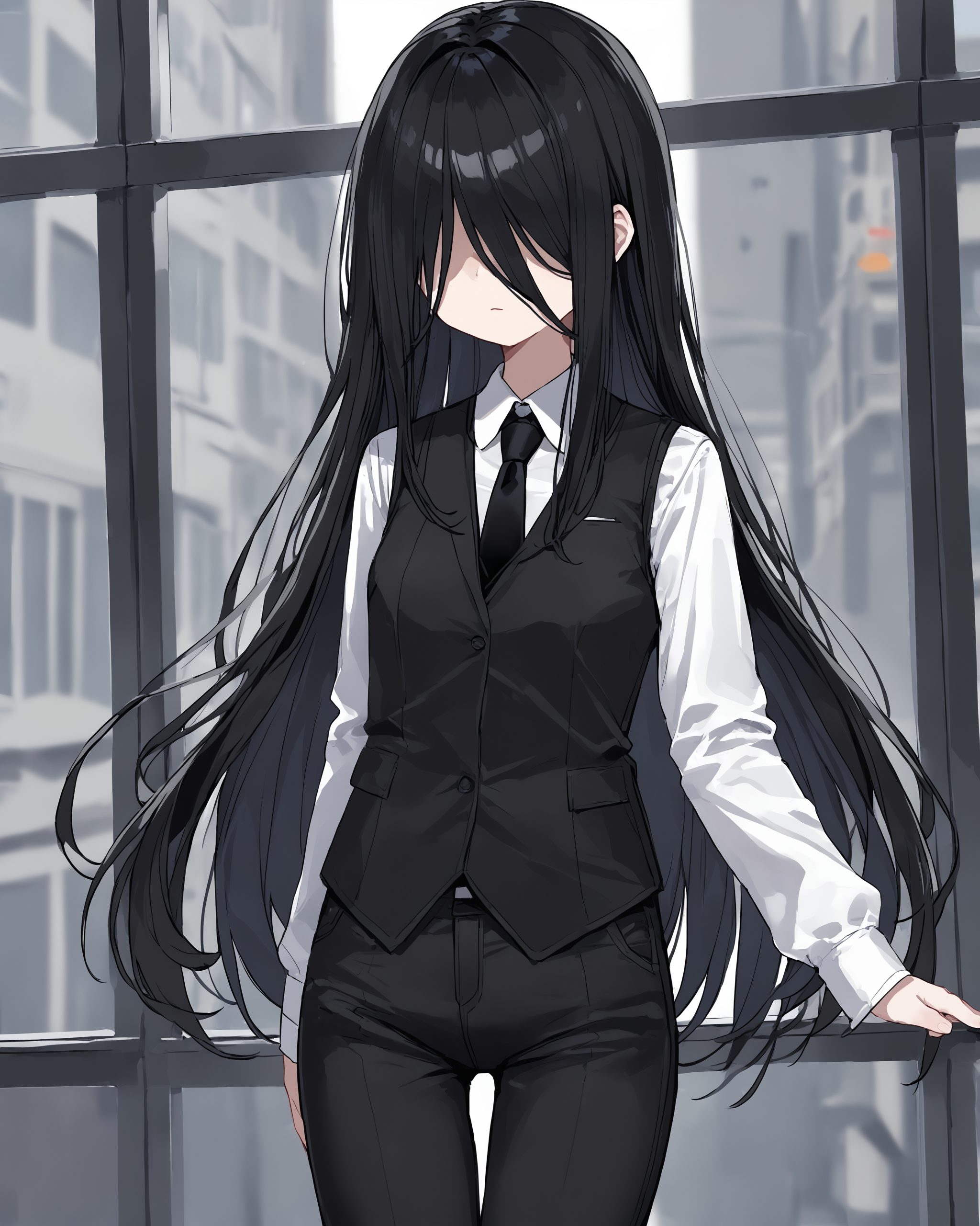 1girl, solo,<lora:Martina_LOR:0.8> MartinaLOR, black hair, long hair, hair over eyes, white shirt, black necktie, black vest, black pants,