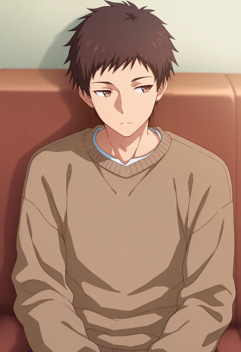 masterpiece, best quality, amazing quality,high resolution, intricate details,anime coloring , , , 1boy, solo, male focus, <lora:Takeda:0.72>,takeda,brown hair,short hair,brown eyes,shirt, long sleeves, closed mouth, sitting, upper body, sweater, looking to the side, expressionless, brown sweater