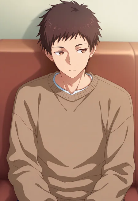 masterpiece, best quality, amazing quality,high resolution, intricate details,anime coloring , , , 1boy, solo, male focus,  <lora:Takeda:0.72>,takeda,brown hair,short hair,brown eyes,shirt, long sleeves, closed mouth, sitting, upper body, sweater, looking to the side, expressionless, brown sweater