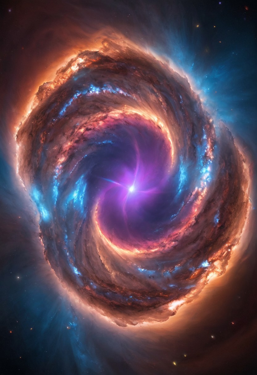 a dynamic and breathtaking image of the universe with vibrant colors and dramatic lighting. Show a swirling nebula in the foreground with bright, intense hues of blue, purple, and pink. In the background, depict a distant galaxy with spiraling arms and scattered stars. Include a supernova explosion, radiating brilliant light, and a mesmerizing black hole at the center, with cosmic debris swirling around it. Add a hint of distant planets and asteroids to create a sense of scale and depth. Make the entire scene feel alive and constantly in motion.