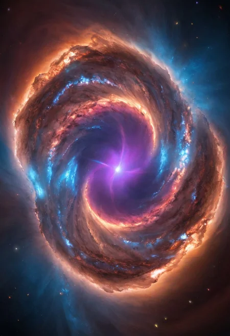 a dynamic and breathtaking image of the universe with vibrant colors and dramatic lighting. Show a swirling nebula in the foreground with bright, intense hues of blue, purple, and pink. In the background, depict a distant galaxy with spiraling arms and scattered stars. Include a supernova explosion, radiating brilliant light, and a mesmerizing black hole at the center, with cosmic debris swirling around it. Add a hint of distant planets and asteroids to create a sense of scale and depth. Make the entire scene feel alive and constantly in motion.