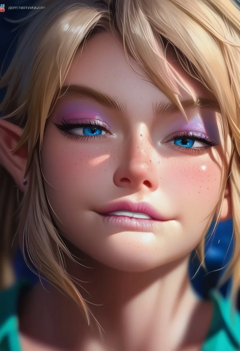 score_9, score_8_up, score_7_up, score_6_up, 1femboy, linkxl, Link, femboy, tiny, elf ears, blue eyes, blonde hair, solo, portrait, lips, freckles, biting own lip, (biting lip:1), seductive, ponytail, lipstick, makeup, eyeliner, eyeshadow, beautiful detailed face, sexy man, open green shirt, no bra, night, night club background, blurry background
