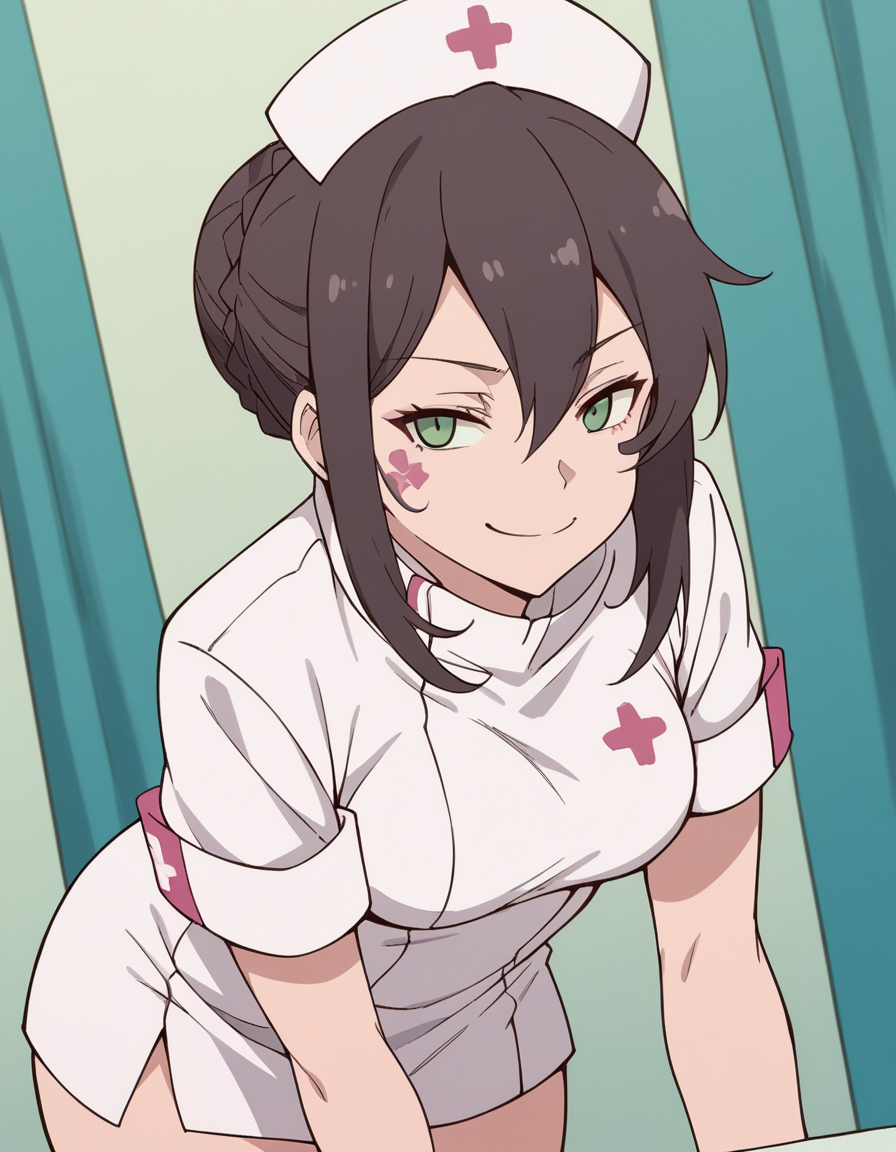 score_9, score_8_up, score_7_up, source_anime, <lora:v-lila-f-hnu-ponyxl-lora-nochekaiser:1>, v lila f, brown hair, black hair, green eyes, braid, sidelocks, hair bun, makeup, facial mark, single hair bun, hair between eyes,, hat, nurse cap, nurse, short sleeves,, indoors, bent over, smile, smug, looking at viewer, solo,, cowboy shot, dutch angle