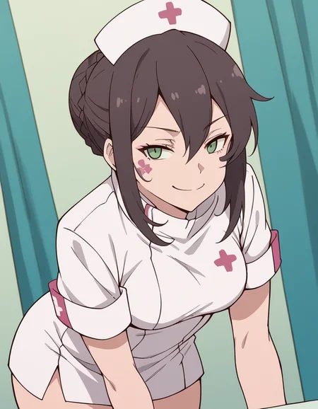 score_9, score_8_up, score_7_up, source_anime, <lora:v-lila-f-hnu-ponyxl-lora-nochekaiser:1>, v lila f, brown hair, black hair, green eyes, braid, sidelocks, hair bun, makeup, facial mark, single hair bun, hair between eyes,, hat, nurse cap, nurse, short sleeves,, indoors, bent over, smile, smug, looking at viewer, solo,, cowboy shot, dutch angle