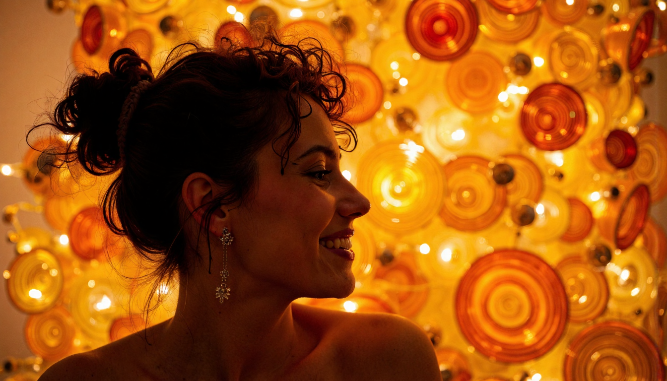<lora:dafne-keen-dev2pro-lora:1>,DK woman, smile,,peaceful solitude,Drow,within the eternal city of light,in the style of scandinavian design furniture,style by Dale Chihuly