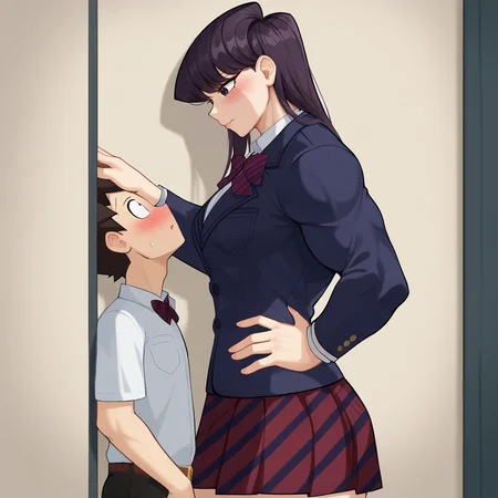 Score_9, score_8_up, score_7_up, score_6_up, source_anime, corridor background, sideview, 1girl, 1boy, larger_female, smaller_male, size_difference, standing, BREAK, Komi Shouko, shy, embarrassed, muscular female, school uniform, dark blue jacket, hand on wall, hand on hip,, BREAK, <lora:Larger_Female:1>, (kabedon),
