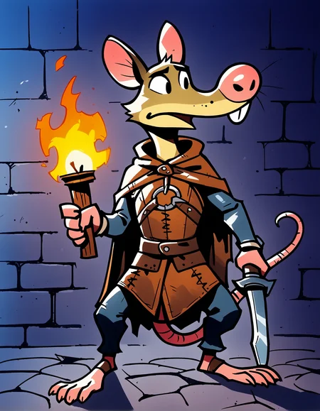 rat, solo, anthro, male, buckteeth, holding dagger, pose, brown cape, leather armor, dungeon, torch, looking away, brick wall, inside,