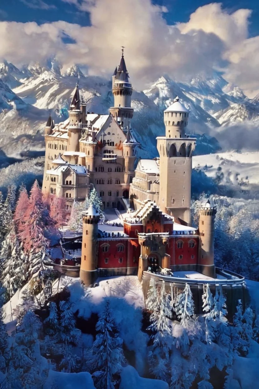 score_9, score_8_up, score_8, ,<lora:NeuschwansteinCastlePDXL:1.0>, no humans, zzNeuschwanstein, sky, day, cloud, tree, blue sky, no humans, cloudy sky, snow, fantasy, winter, tower ,embedding:zPDXL, <lora:SDXLFaeTastic2400:0.5>,