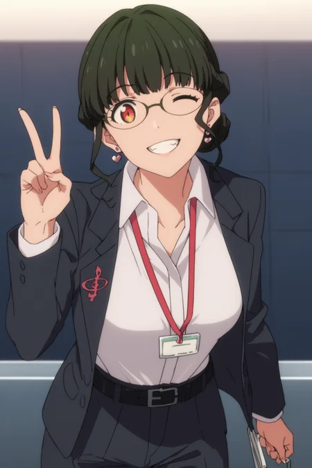 score_9, score_8_up, score_7_up, score_6_up, score_5_up, source_anime, rating_safe, medium breasts, indoors, 1girl, solo, looking at viewer, <lora:age_slider_v4:3>, anosillus the 2nd, dark green hair, short hair, low tied hair, french braid, red eyes, glasses, heart earrings, suit, grey jacket, white shirt, collared shirt, lanyard, open jacket, black belt, grey pants, white footwear, <lora:Anosillus_the_2nd:0.8>, (dynamic pose:1.2), (upper body:1.2), wink, smile, teeth, v sign