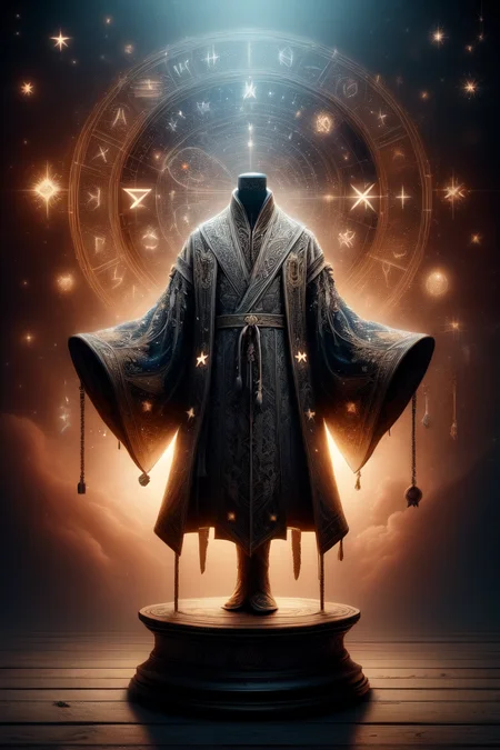 a wizard robe floating over a pedestal, masterpiece, best quality, hdr, 8k, dynamic pose, <lora:Mild detail adjusterV10:0.7>, <lora:more_details:0.3>,   <lora:wizardrope:0.6> Wizardrope <lora:typography-astrology-style-darquelilly-v1:0.7> typologyastrologystyle