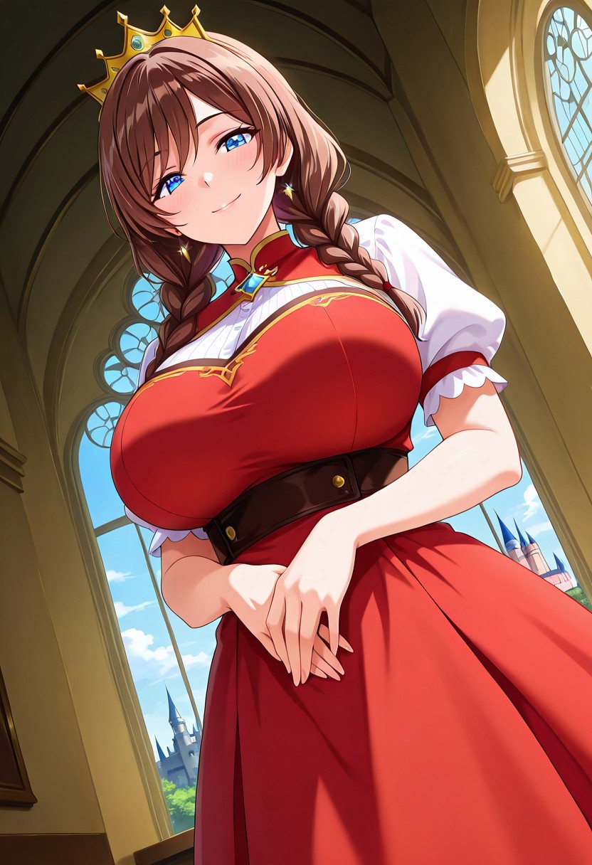 general,highres, ultra-detailed,very aesthetic,best quality ,best hands,best eyes,easynegative,
dynamic anglre, dutch angle, anime cloring,
1girl solo,looking at viewer,castle, indoors, smile,
Celine,brown hair, blue_eyes, huge_breasts, twin braids,crown, dress,