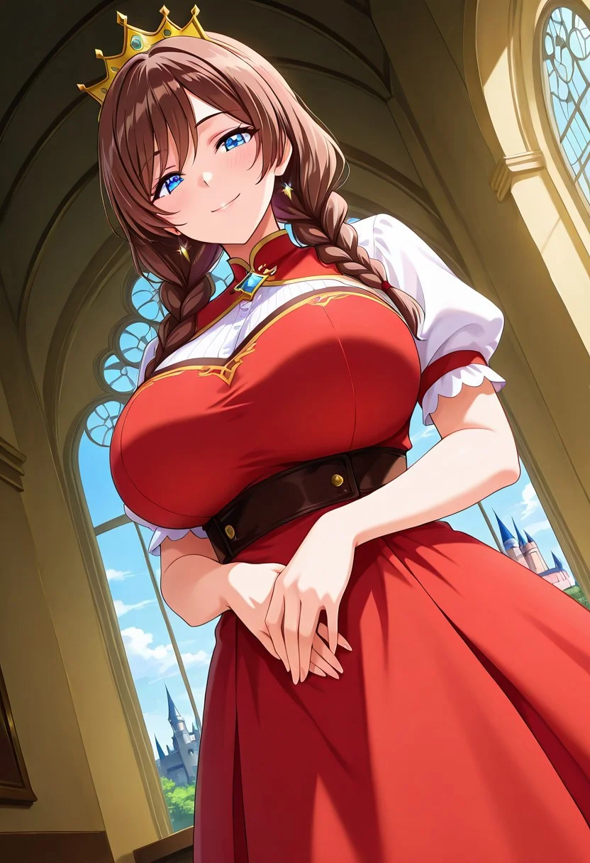 general,highres, ultra-detailed,very aesthetic,best quality ,best hands,best eyes,easynegative,
dynamic anglre, dutch angle, anime cloring,
1girl solo,looking at viewer,castle, indoors, smile,
Celine,brown hair, blue_eyes, huge_breasts, twin braids,crown, dress,