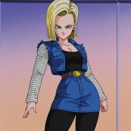 dbstyle, screencap, best quality, android_18, blonde hair, 1girl, solo, blue eyes, , blonde hair, shirt, blue eyes, belt, black leggings, cleavage, collarbone, denim, denim skirt, high-waist skirt, jewelry, long sleeves, pocket, shirt, shirt tucked in, skirt, striped, striped sleeves, blue denim waistcoat, thick thighs, wide hips,
standing, looking at viewer, dynamic pose, swiping hair behind ear, smirk,