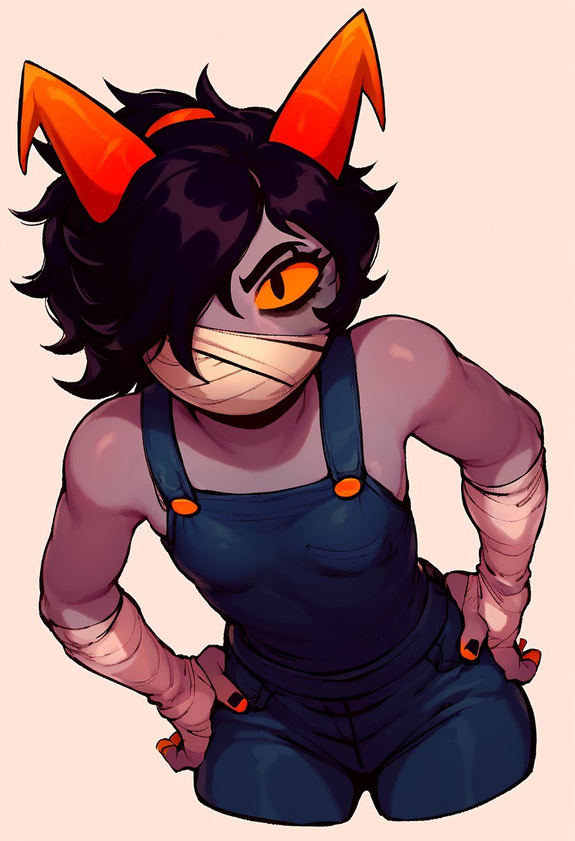 score_9, score_8_up, score_7_up, 1girl, Polypa Goezee, bandaged face, bandaged arms, bandaged legs, black hair, ponytail, small breasts, horns, yellow eyes, petite, muscular, hands on hips, looking at viewer, raised eyebrow, bandages over eye, black overalls, looking at viewer, grey colored skin, white background, homestuck troll