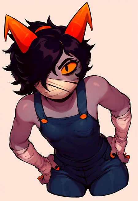 score_9, score_8_up, score_7_up, 1girl, Polypa Goezee, bandaged face, bandaged arms, bandaged legs, black hair, ponytail, small breasts, horns, yellow eyes, petite, muscular, hands on hips, looking at viewer, raised eyebrow, bandages over eye, black overalls, looking at viewer, grey colored skin, white background, homestuck troll