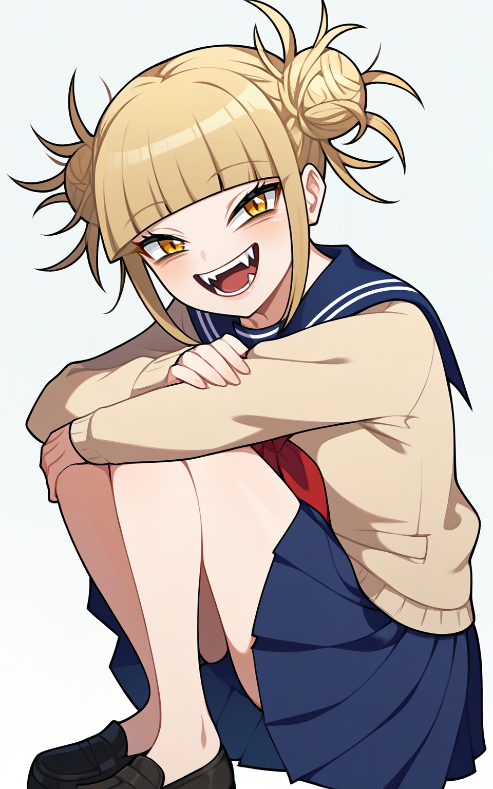 source_anime, score_9, highres, digital artwork, 2024 BREAK
<lora:YanWan v1 0 - Pony:1>
1girl, solo, sitting, full body, squatting, legs together, cowboy shot, togahimiko, toga himiko, hugging own legs, bloden hair, short hair, double bun, messy hair, yellow eyes, looking at viewer, happy, open mouth, fangs, beige cardigan, skirt, serafuku, simple background, white background,