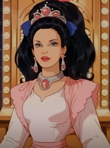 score_9, score_8_up, score_8, hud_barbir0ck, retro artstyle, <lora:barbirock-000009:1>, 1girl, solo, long black hair, dress, tiara, blue eyes, jewelry, earrings, makeup, lipstick