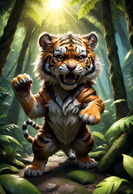<lora:Cute Animals:1>best quality,high-resolution,dynamic angle,rainforest sunrise atmophere,playful-shadows,realistic epic-fluffy,puppy1tiger,angry hunting,huge detalied scene