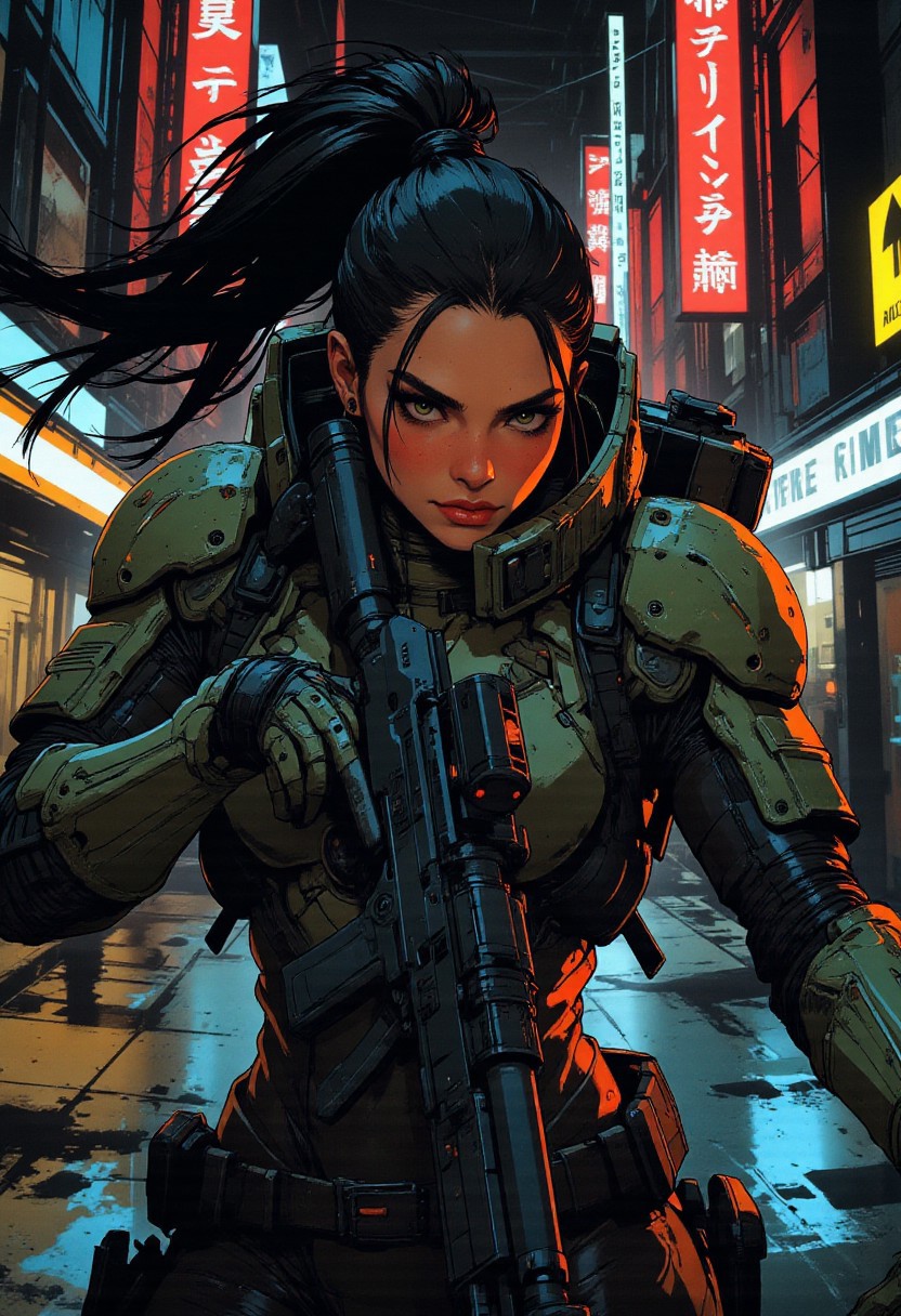 magnificent, closeup portrait, female bounty hunter, braided black hair, futuristic armor, battlesuit, mechanical armor, sleek armor, sexy, curvy, large breasts, large ass, aiming an assault rifle, assault rifle, aiming rifle, Cyberpunk City, Neon Lights, foreshortening,
solo, 
Cowboy Shot, close up, from above,