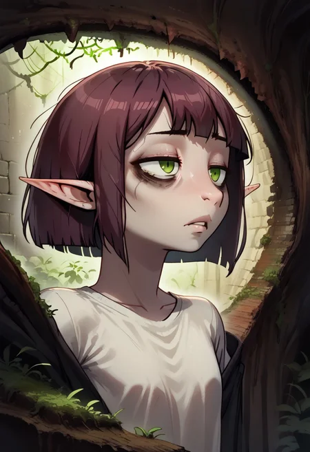 4byss, Lapanya, pointy ears, ((snout nose)), flat chest, solo, lean physique, ((sidecut hair)), very short pixie-cut hair:1.1, dark maroon hair, bright green eyes, ((sunken cheeks, bags under eyes)), pale skin, 
Dutch angle,
Neutral expression, half-lidded eyes, threatening aura, ((close up, face focus, head shot)),
((cavern background, wall hangings, organic chamber, soft light, moss on ceiling, luminous moss)), clean lines, smooth colors, sfw, source: semi-realistic, rating: pg, score: 8 up, score: 9