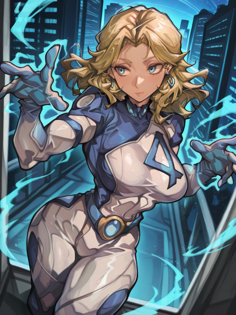 highres, hi res, best quality, masterpiece, intricate details, absurdres, 4k,, semi realistic, cartoon,
1girl, blonde hair, blue eyes, earrings, bodysuit, gloves, (SueStormXL:1.1).
dynamic pose, cowboy shot, looking at away, sexy pose, city, looking at viewer, hands up, energy around, dutch angle, from above,
 <lora:ASueStorm_character-12:0.8> <lora:iparupua_style_lora_ILL:0.8> , by iparupua,