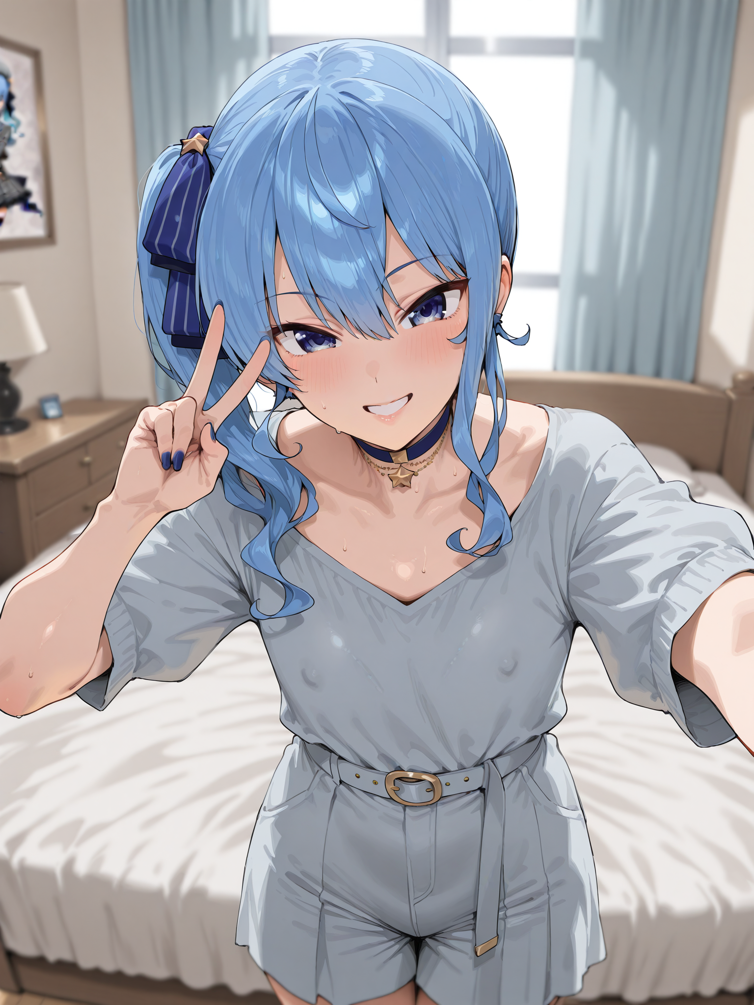 <lora:mnmbcstyle_r1:1>,mnmbcstyle,
1girl,looking at viewer,smile,bedroom,sketch,hoshimachi suisei,V,